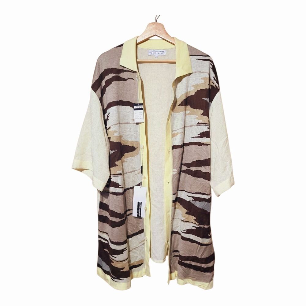 Silversilk Luxe Cream & Brown Linen Blend Knit Button-Up Cardigan Unisex L-‎ XL - Picture 8 of 9